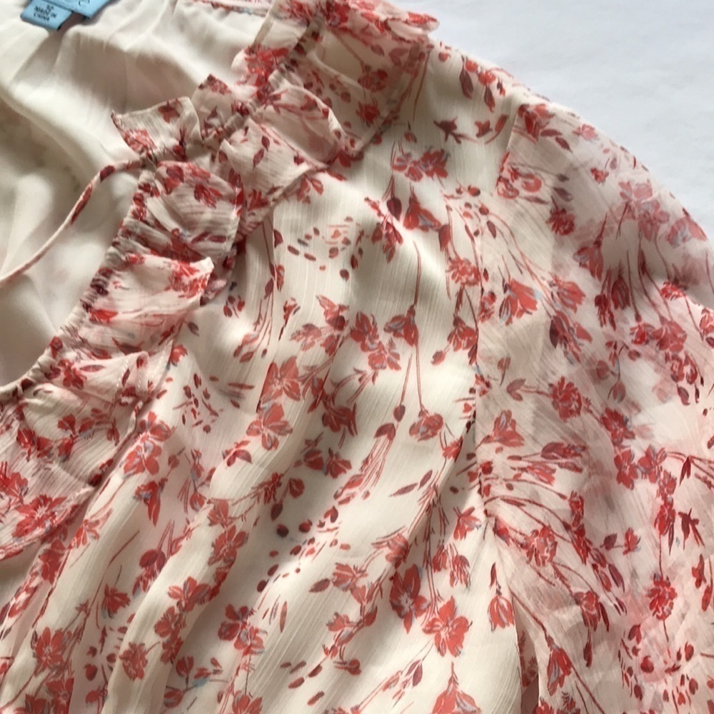 CeCe Floral Chiffon Tie Neck Ruffle Dress Size 12 White Red Sheer Sleeve Wedding - Picture 14 of 17